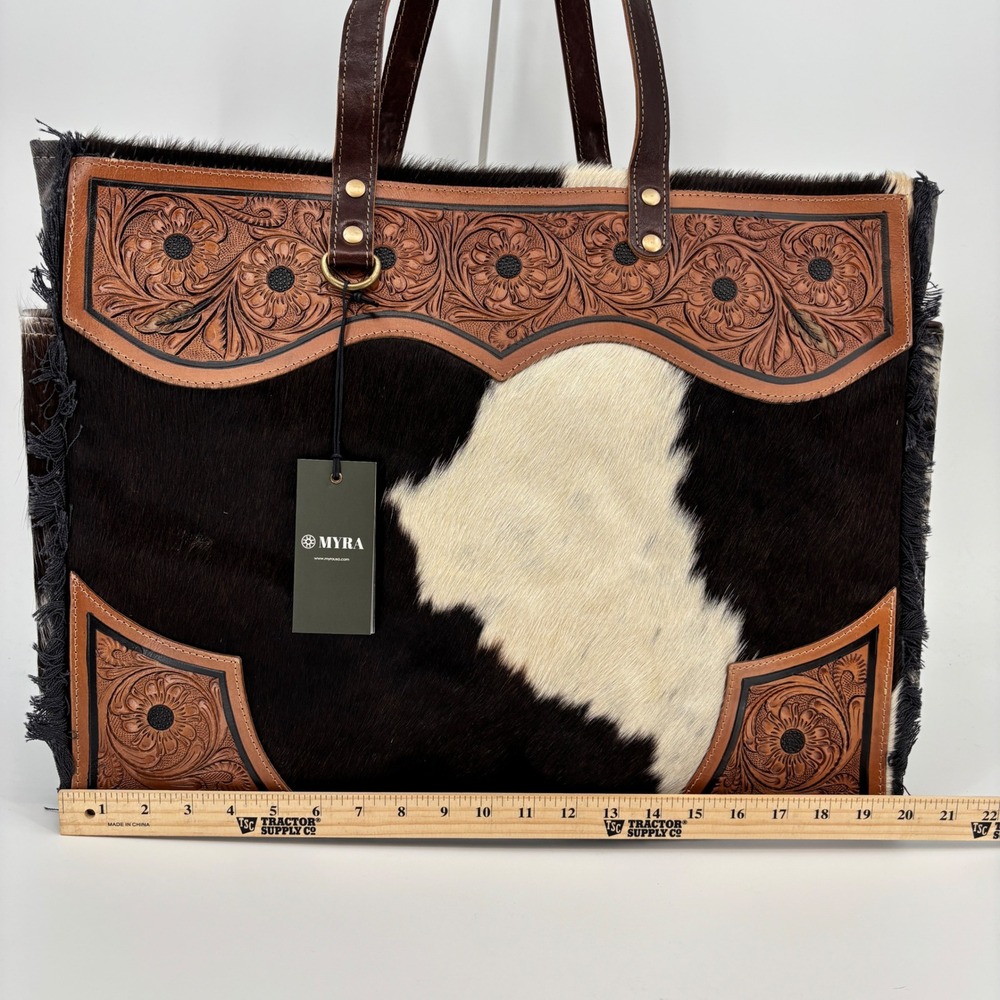 Myra Cartwright Hand-Tooled Bag Weekender Large Black White Cowhide Western Tote - Picture 4 of 12